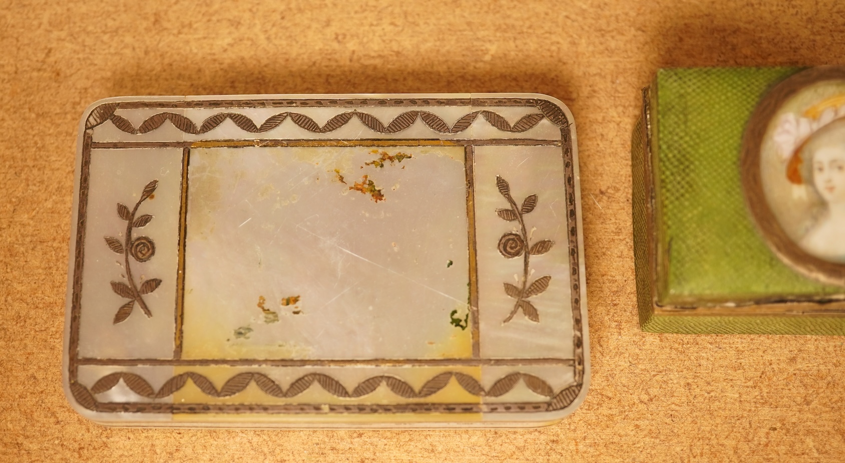 A French silver and shagreen perfume box, portrait miniature on ivory and an early 19th century mother of pearl box (2), shagreen box 5.5cm wide x 4cm deep x 3cm high Ivory Submission reference 96LR94PU